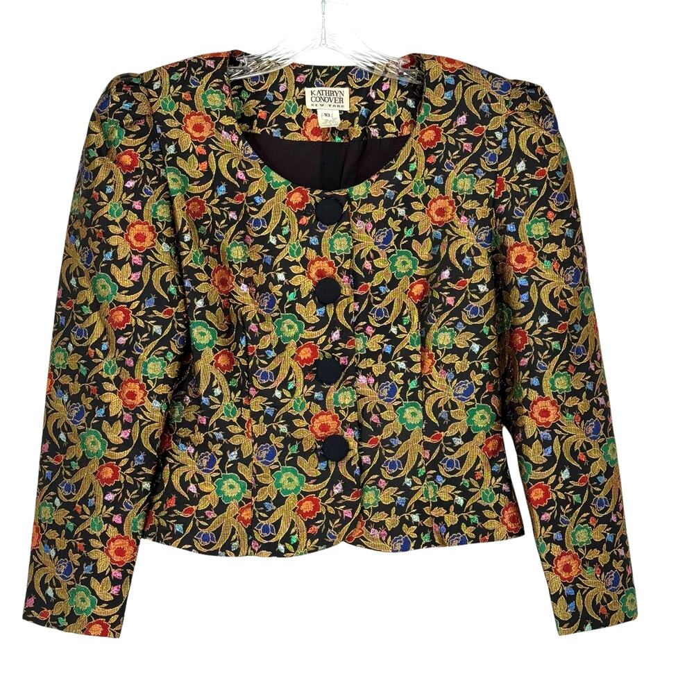 Kathryn Conover Vintage Tapestry Looking Blazer Puff Sleeves Sz 10 Floral 80s